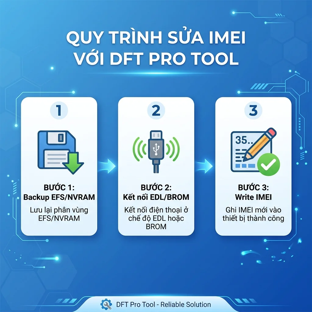 Quy trình repair IMEI 3 bước bằng DFT Pro: Backup EFS, kết nối EDL/BROM, Write IMEI
