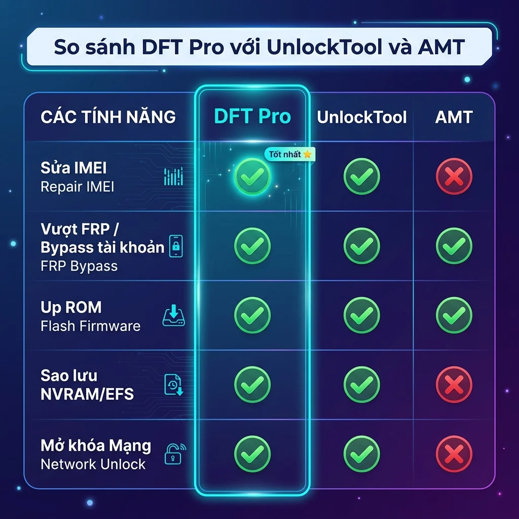 So sánh DFT Pro với UnlockTool và AMT — bảng tính năng chi tiết