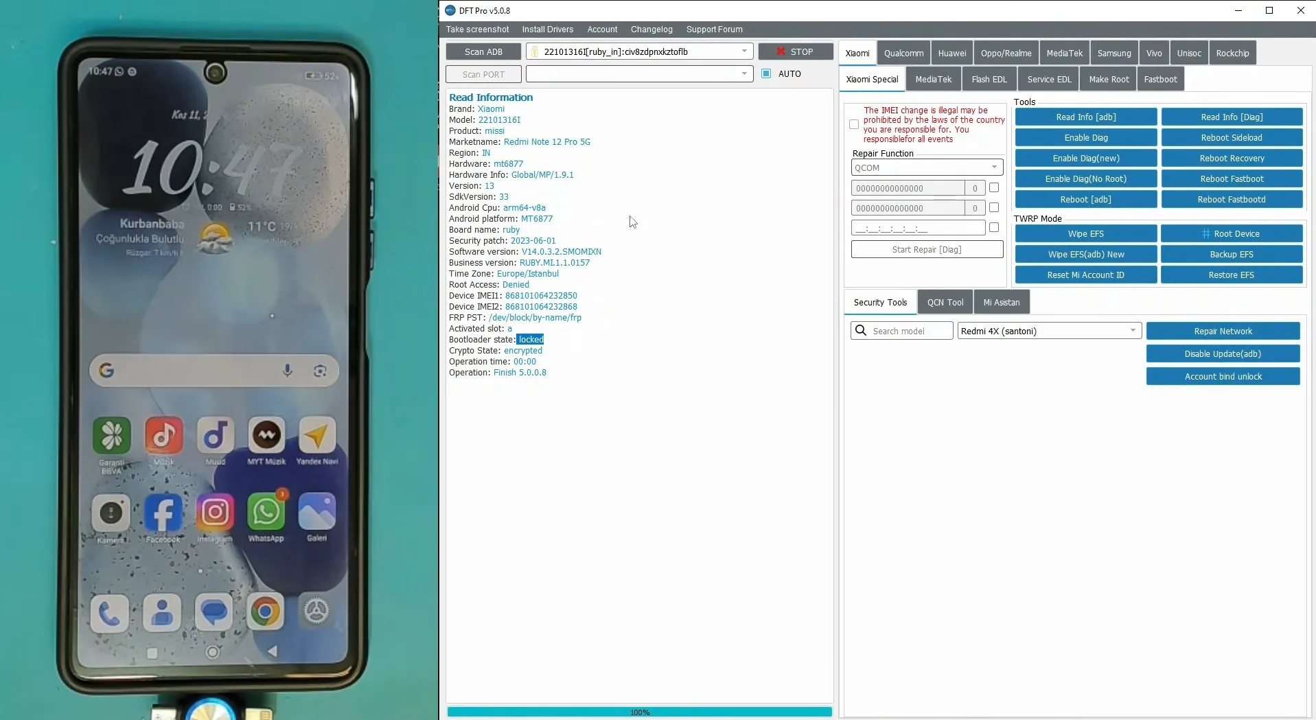 DFT Pro đọc thông tin Redmi Note 12 Pro 5G — Read Information IMEI chipset MT6877