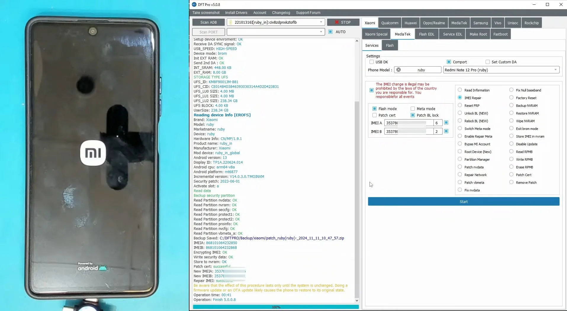 DFT Pro Flash EDL repair IMEI Redmi Note 12 Pro — backup NVRAM security partition thành công