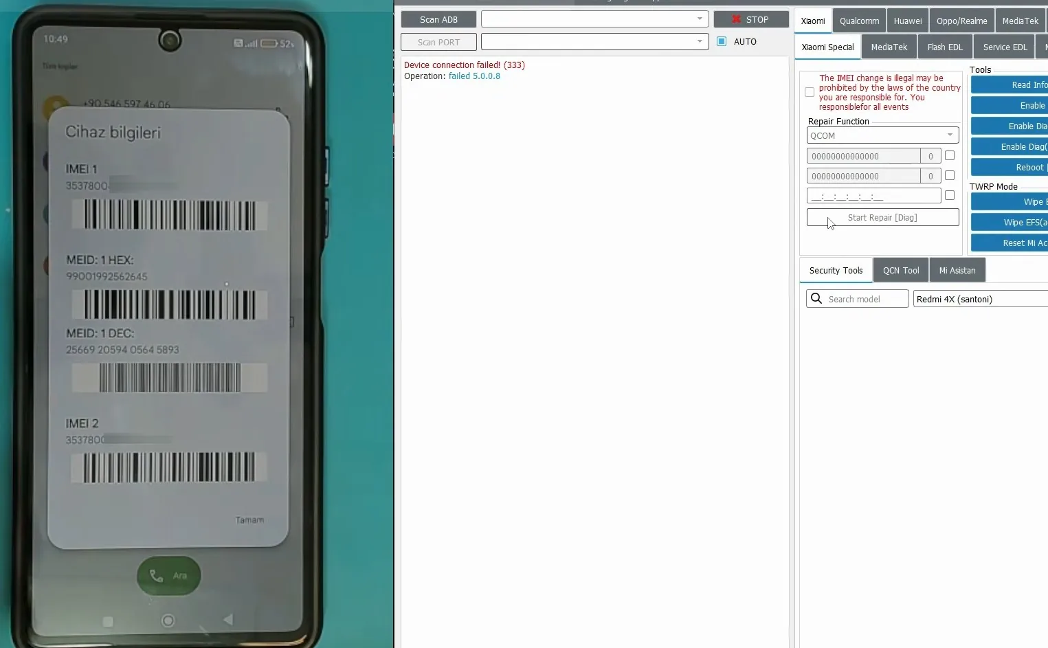 Kết quả IMEI sau khi repair bằng DFT Pro — hiển thị barcode IMEI 1 và IMEI 2 trên điện thoại